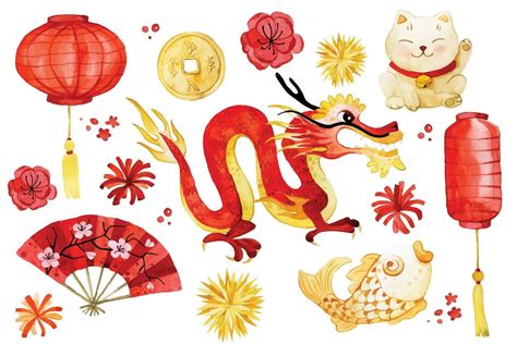 watercolor drawing. chinese new year clipart set. cute Chinese dragon ...