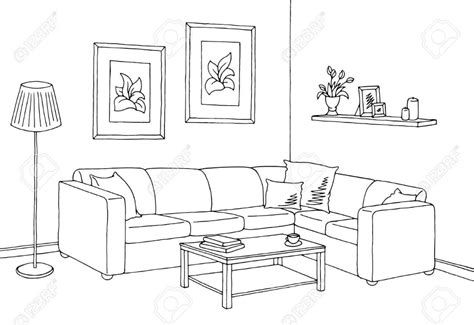 Living Room Graphic Black White Interior Sketch Illustration ...