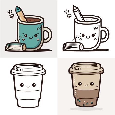 Coffee Cup Logo, Cute Coffee Cup Cartoon line art colorful Vector ...