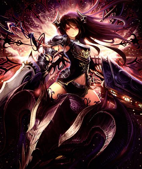 black haired female illustration Shingeki no Bahamut #armor #horns red ...