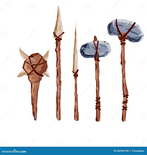 Set Of Prehistoric Weapons. Spear, Bow, Torch. Illustration On White ...