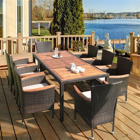 9PCS Patio Rattan Dining Set 8 Chairs Cushioned Acacia Table Top ...