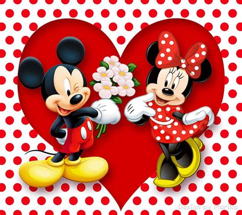 Mickey & Minnie, red, romance, cartoon, polka dots, mouse, love, heart ...