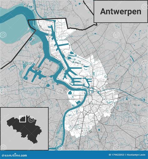 Vector Map of Antwerpen Antwerp, Belgium with River and Belgium Map Stock Vector - Illustration ...