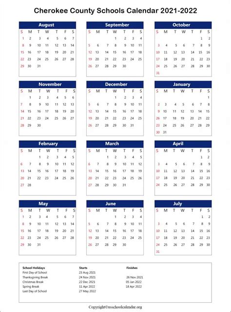 Cherokee County School Calendar with Holidays 2021-2022