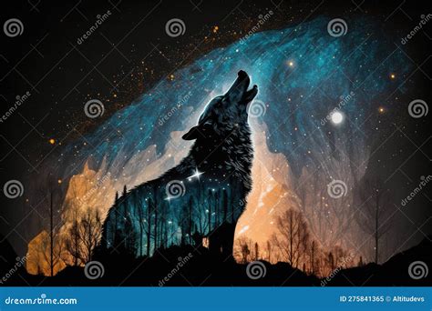 Double Exposure of Wolf Howling at Starry Night Sky Stock Illustration ...