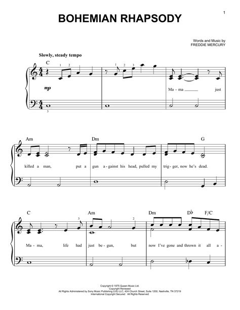 Bohemian Rhapsody by Queen Sheet Music for Very Easy Piano at Sheet ...