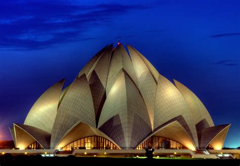 The beautiful Lotus Temple lit in the night