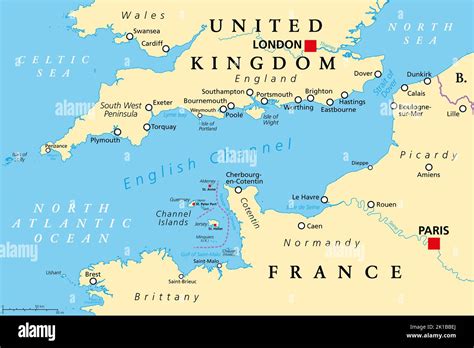 English Channel political map. Also British Channel. Arm of Atlantic Ocean separates Southern ...