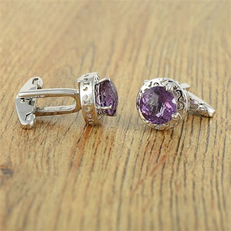 925 Sterling Silver Gemstone Cufflinks Amethyst Round Cut Cufflinks Men ...