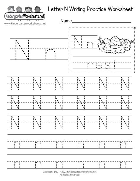 Free Printable Letter N Writing Practice Worksheet