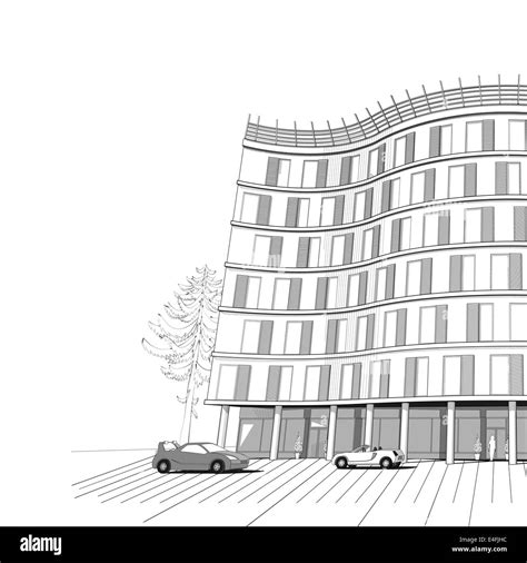 Architectural black and white background with modern apartment or office multistory building ...