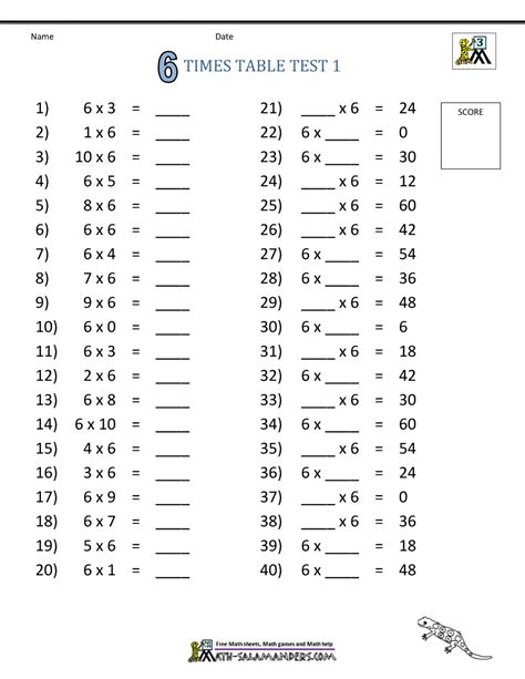 Times Tables Tests - 6 7 8 9 11 12 Times Tables