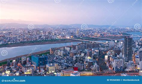 High Angle Panoramic View of Osaka City with Yodo River at Sunset Stock ...