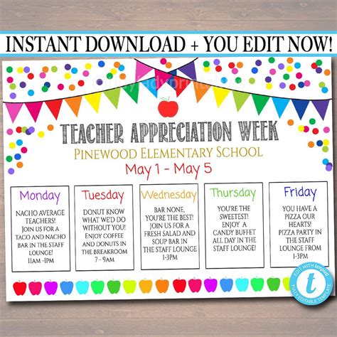 Teacher Appreciation Week Itinerary Poster, File, Appreciation Week Schedule Events, Fundraiser ...