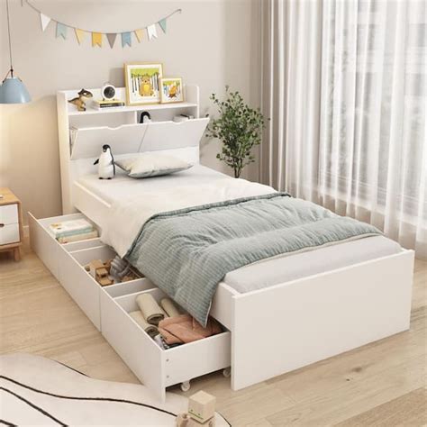 FUFU&GAGA White Wood Twin Size Bed Storage Bed with 3-Wheels Drawers and Headboard KF260051-012 ...