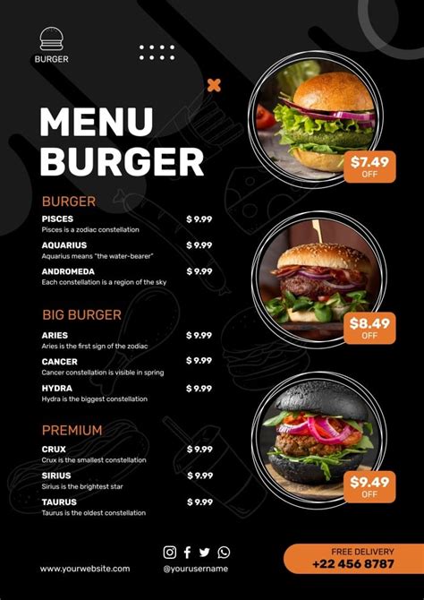 Personalize and download this Abstract Simple Burgers Free Delivery Restaurant Menu template