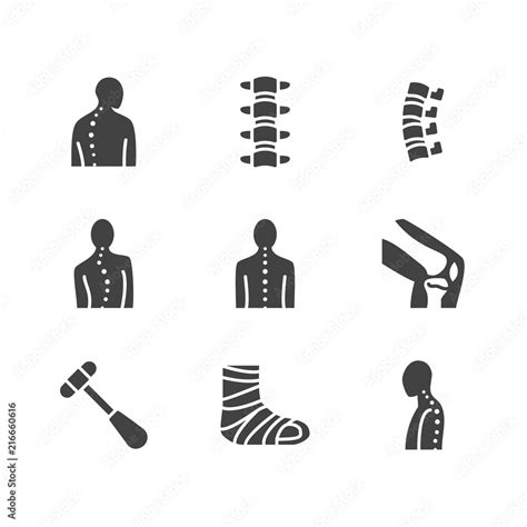 Spine, backbone flat glyph icons. Orthopedics clinic, medical rehab, back trauma, broken bone ...