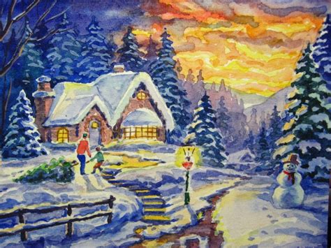 Painting Winter Snowman Snow Christmas House Wood Sunset Nature ACEO ...