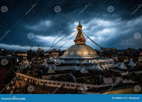 Aerial View of Boudhanath Stupa Temple Dome with Prayer Flags Under Dark Cloudy Stormy Sky Stock ...