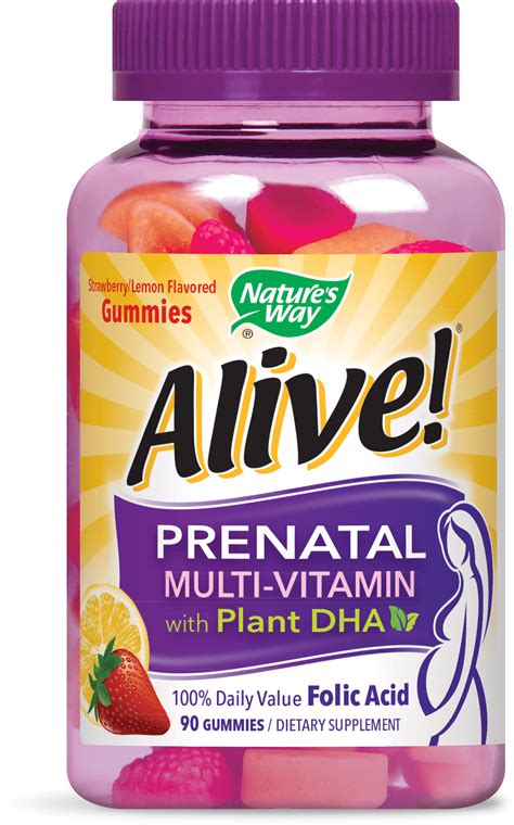 Alive! Prenatal Gummy Vitamins with Plant DHA, Multivitamin Supplement, Lemon & Strawberry, 90 ...