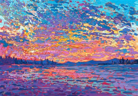 Impasto pointillism contemporary impressionist oil painting of colorful sunset, by Erin Hanson ...