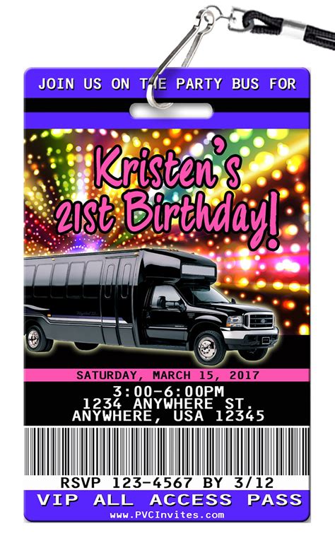 Party Bus Birthday Invitations - PVC Invites - VIP Birthday Invitations