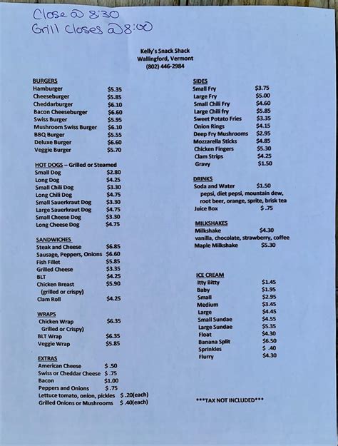 Menu at Kelly’s Snack Shack restaurant, Wallingford