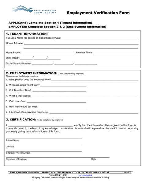 Printable Downloadable Employment Verification Form