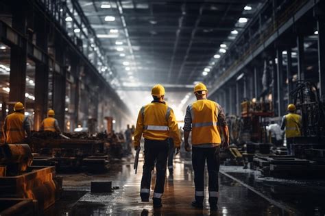 Premium AI Image | factory workers in work wear and yellow helmets ...