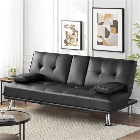 Easyfashion Modern Faux Leather Futon with Cupholders and Pillows ...