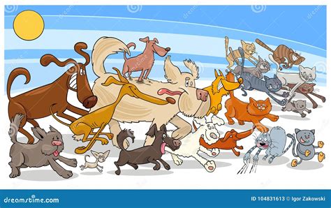 Cartoon Running Dog and Cats Group Stock Vector - Illustration of ...