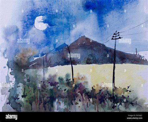 Moody watercolor painting of dark mounain at night, moon partly covered ...