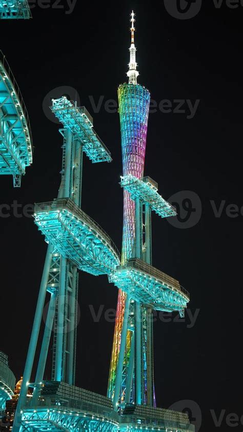 The beautiful and tall tower view with the colorful lights on at night 21165443 Stock Photo at ...