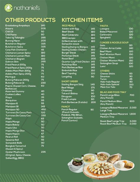 Menu at Nathaniel's Bakeshop restaurant, Tarlac City