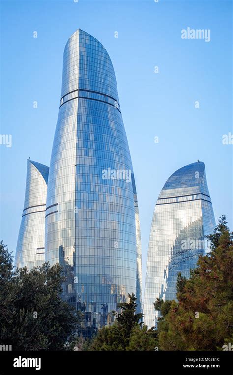 BAKU, AZERBAIJAN-DECEMBER 27, 2017: Modern architecture of Baku City, Azerbaijan. Flame towers ...