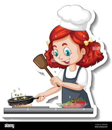 Cartoon character sticker with chef girl cooking illustration Stock Vector Image & Art - Alamy