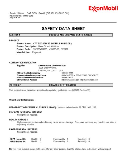 Safety Data Sheet: Product Name: CAT DEO 15W-40 (DIESEL ENGINE OIL)