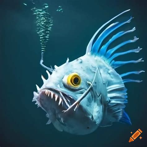 Deep sea angler fish with blue fins and bright yellow bulb on Craiyon