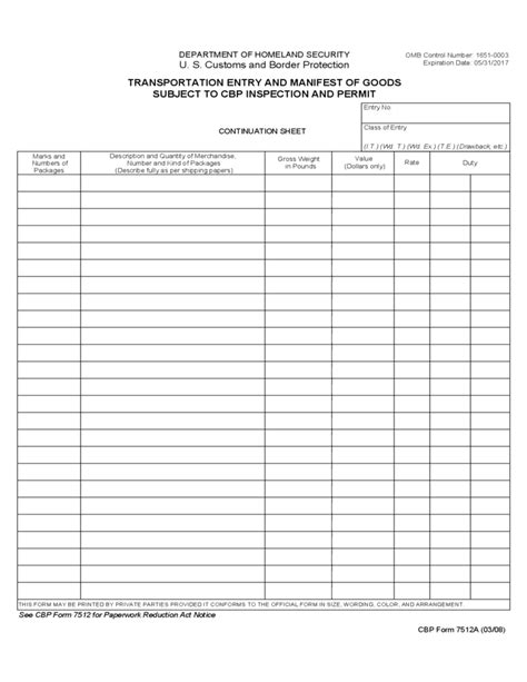 CBP Form 7512A - Transportation Entry and Manifest of Goods Free Download