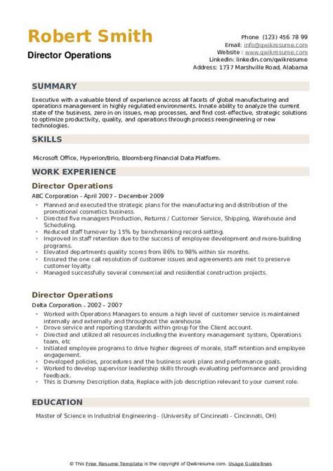 Director Operations Resume Samples | QwikResume