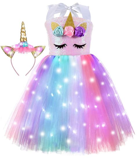 Buy Sequin Unicorn Costume for Girls Lighted Tutu Dresses with Headhand Halloween Birthday ...