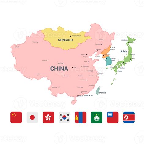East Asia Map Full Color High Detail Separated all countries 22541460 PNG