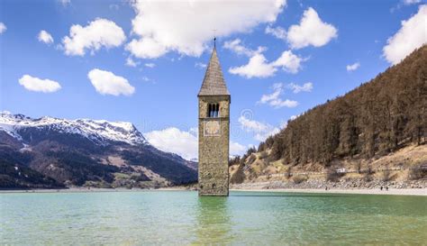 Lake Reschen with Churchtower, Vinschgau Valley, South Tyrol, Italy Stock Image - Image of ...