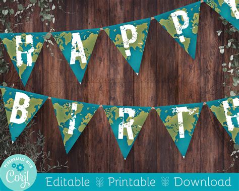 Printable Birthday Bunting Flag Banner Travel World Map Explorer Design Editable DIY Corjl ...