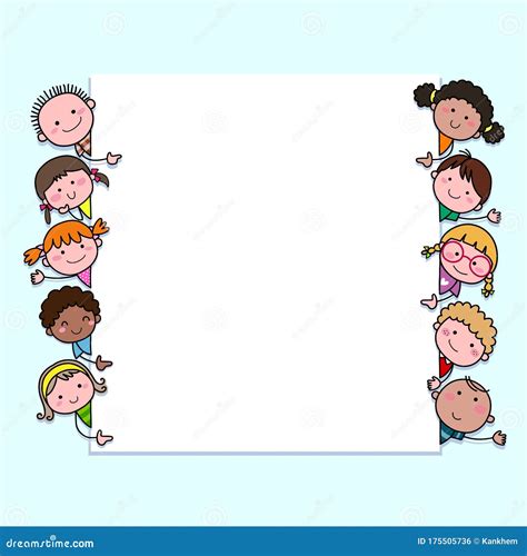 Hand-drawn Cartoon Kids Looking at Blank Sign with Copy Space. Background with Cute Cartoon ...