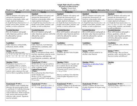 Lesson Plan Template High School Math | printable schedule template