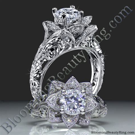 Diamond Embossed Blooming Rose Engagement Ring with Etched Carvings – bbr611-1