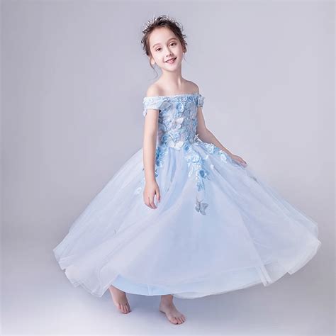 light Blue Tulle Flower Girl Dress for Wedding Party Shoulderless Long ...