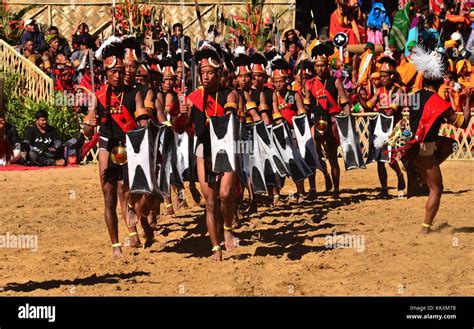 Kohima, India. 03rd Dec, 2017. Naga tribesmen from Khonyak tribe ...